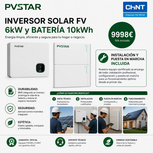Instalación fotovoltaica híbrida 6Kw conectada a red. 10 KW baterías.